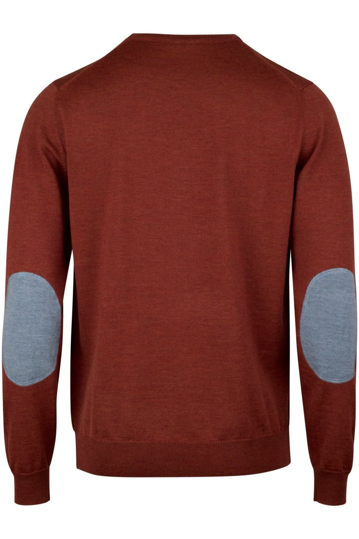 Chandail col rond en laine mérinos avec coudes contrastants et finitions côtelées, parfait pour un style raffiné ou décontracté.