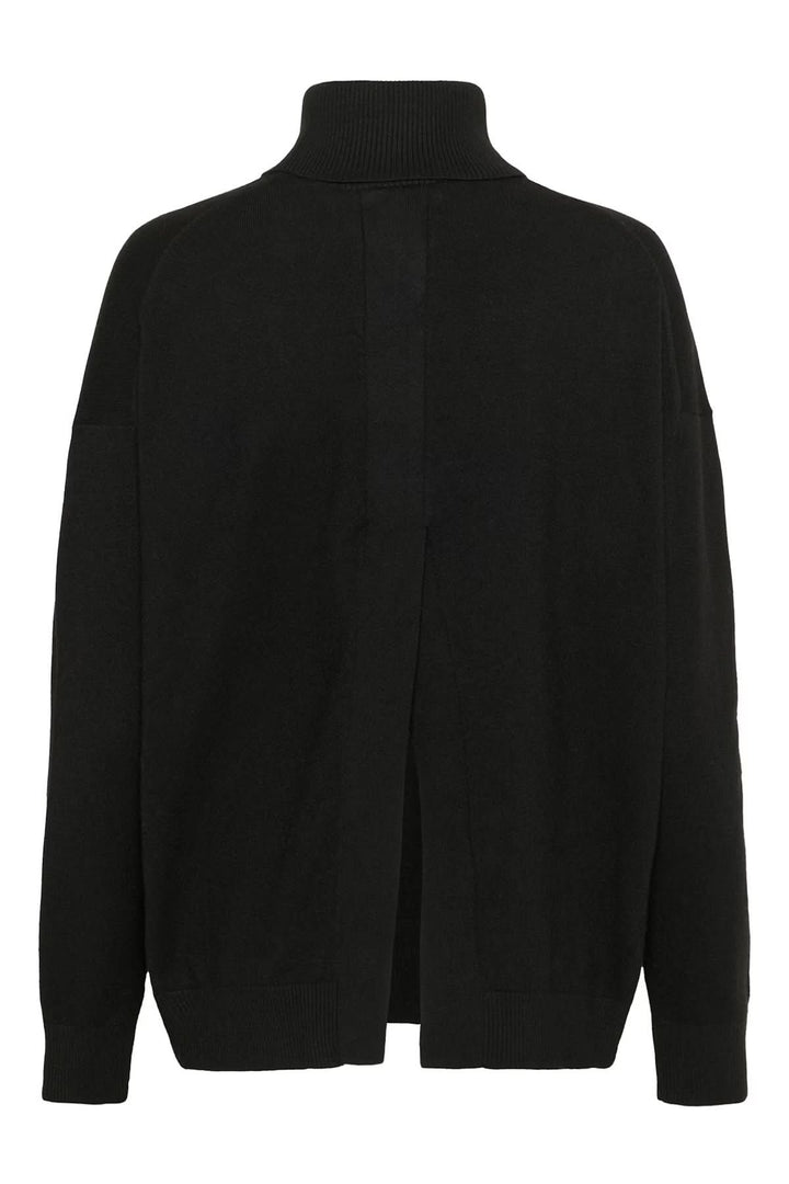 Chandail à col roulé noir décontracté avec fente arrière, idéal pour un look chic et minimaliste.