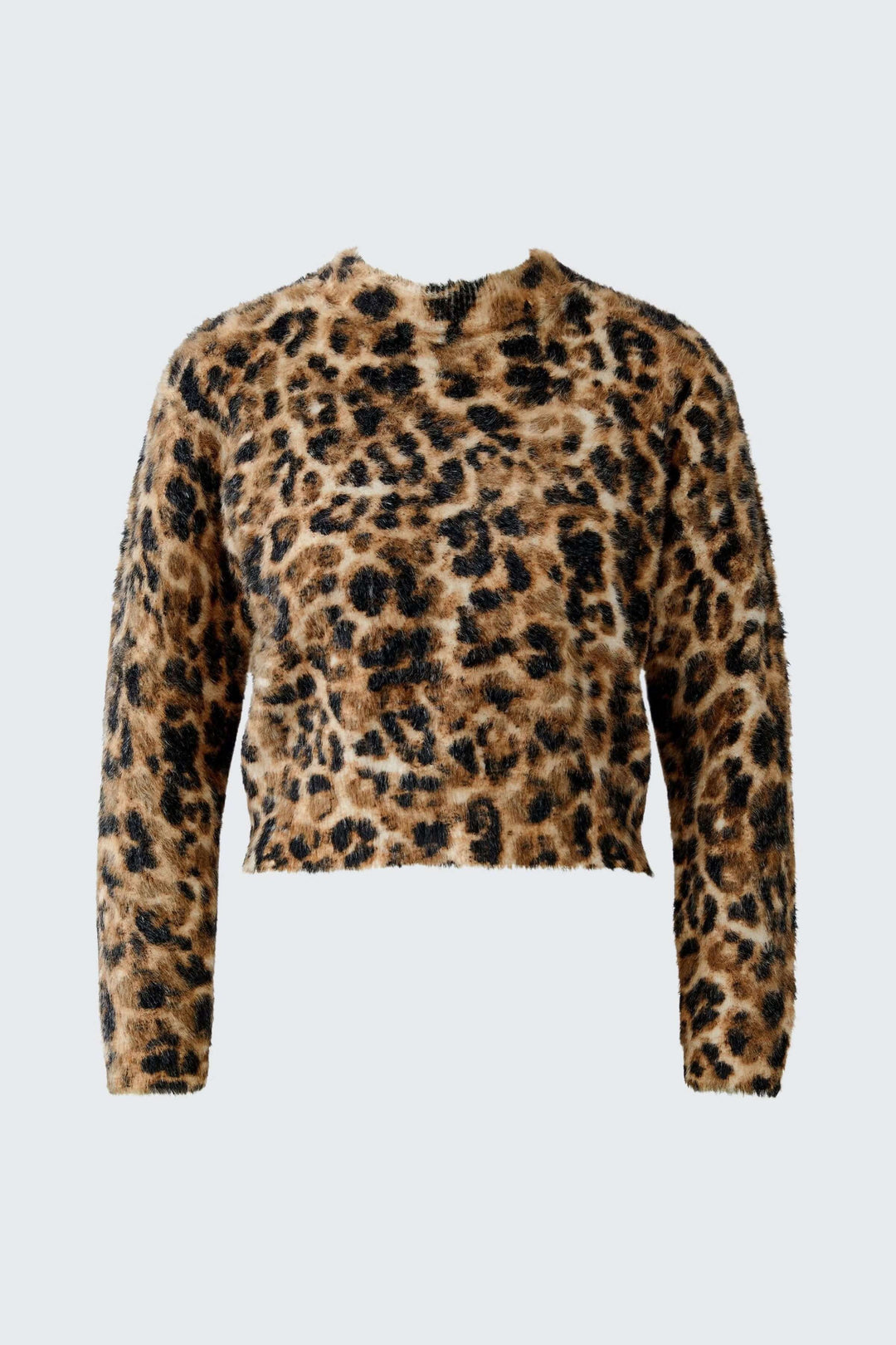 Chandail duveteux à motif animal avec texture moelleuse et manches longues, idéal pour ajouter une touche audacieuse et élégante à votre tenue.