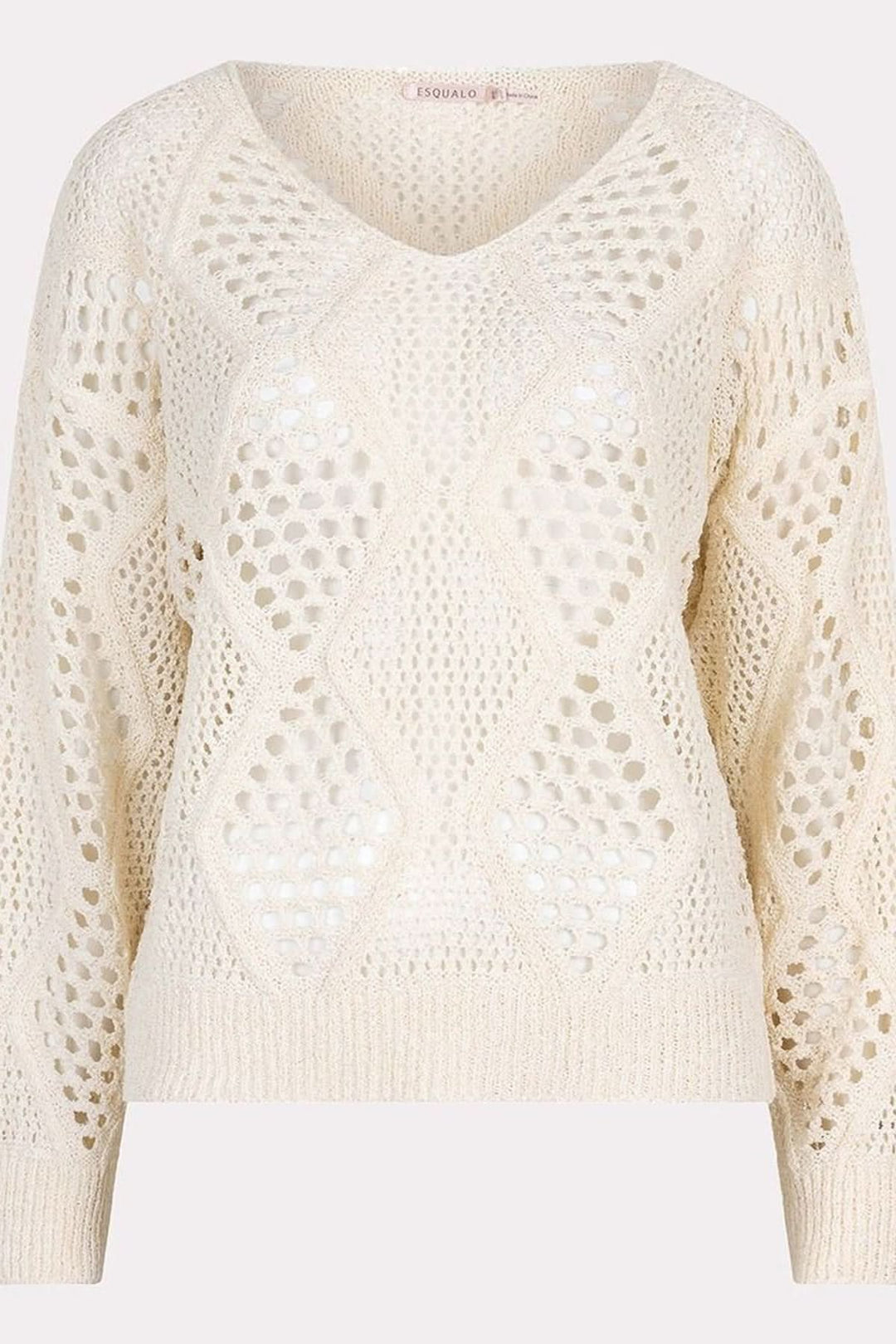 Chandail en crochet ajouré beige avec col en V et motif géométrique, élégant en style bohème chic.