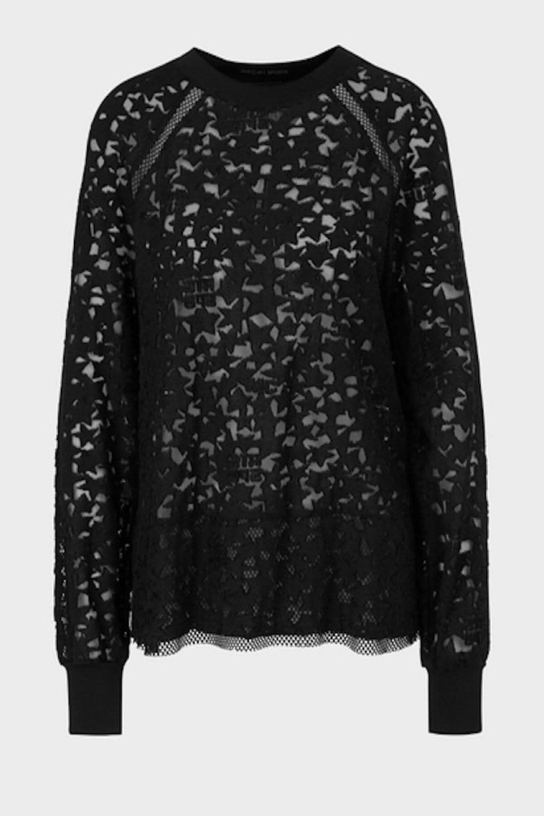 Chandail en dentelle noire, manches longues, décolleté rond, style minimaliste, fabriqué en Europe.