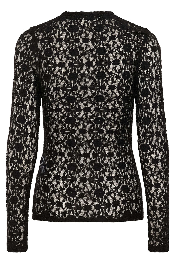 Chandail Venetia transparent en dentelle avec manches longues et encolure ronde, parfait pour un look chic et moderne sous un veston.