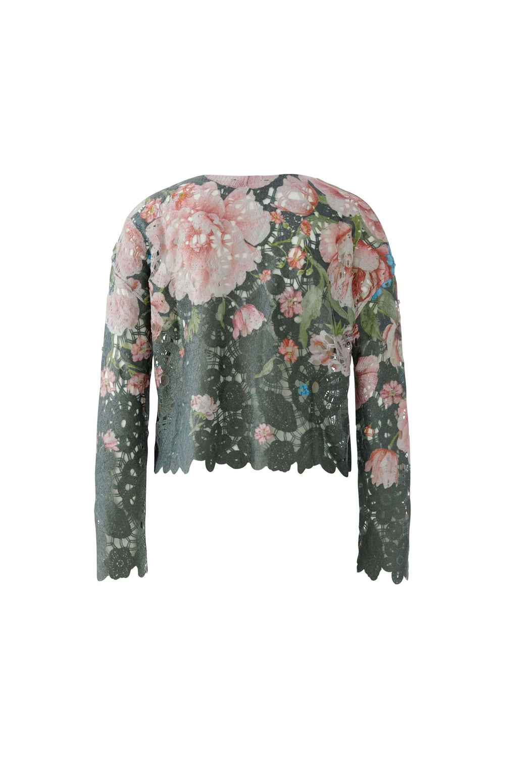 Chandail en dentelle florale avec motif romantique de fleurs roses, coupe droite et légèrement courte, idéal pour une tenue élégante.