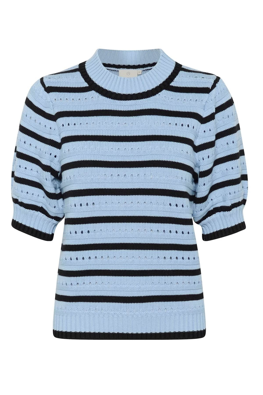 Chandail en maille ajourée rayé bicolore, manches bouffantes, style moderne et décontracté.