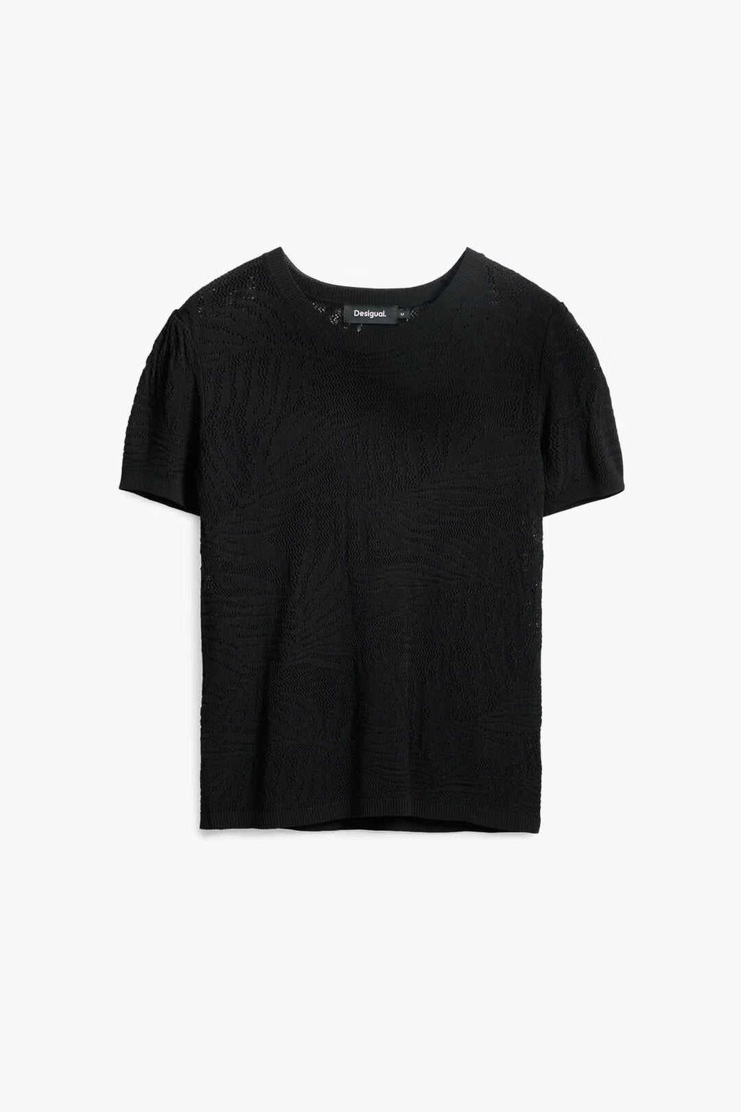 Chandail en maille ajourée noir avec col rond et manches courtes, motif texturé moderne.