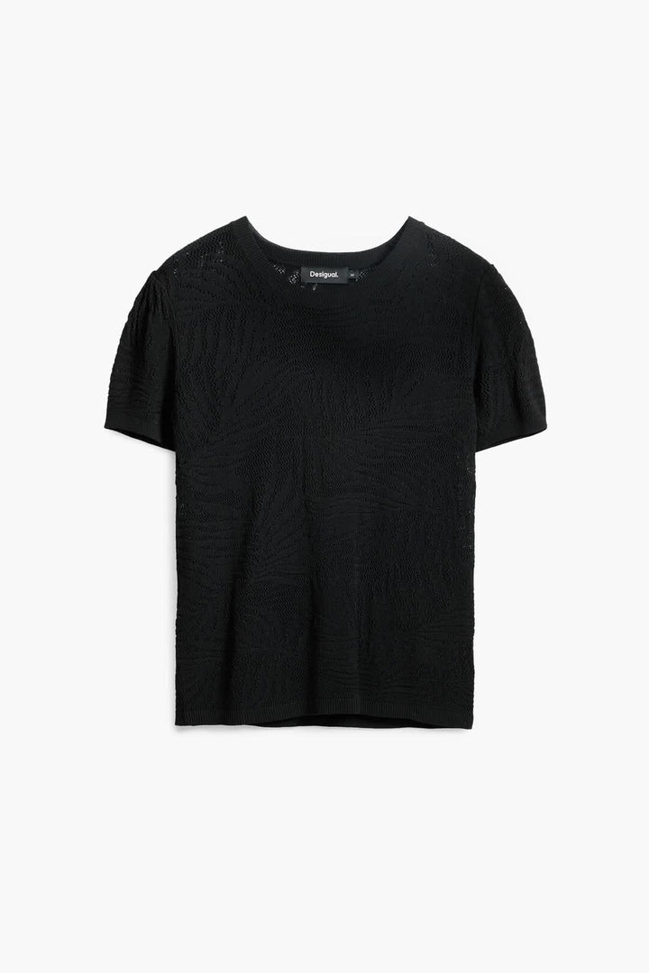Chandail en maille ajourée noir avec col rond et manches courtes, motif texturé moderne.