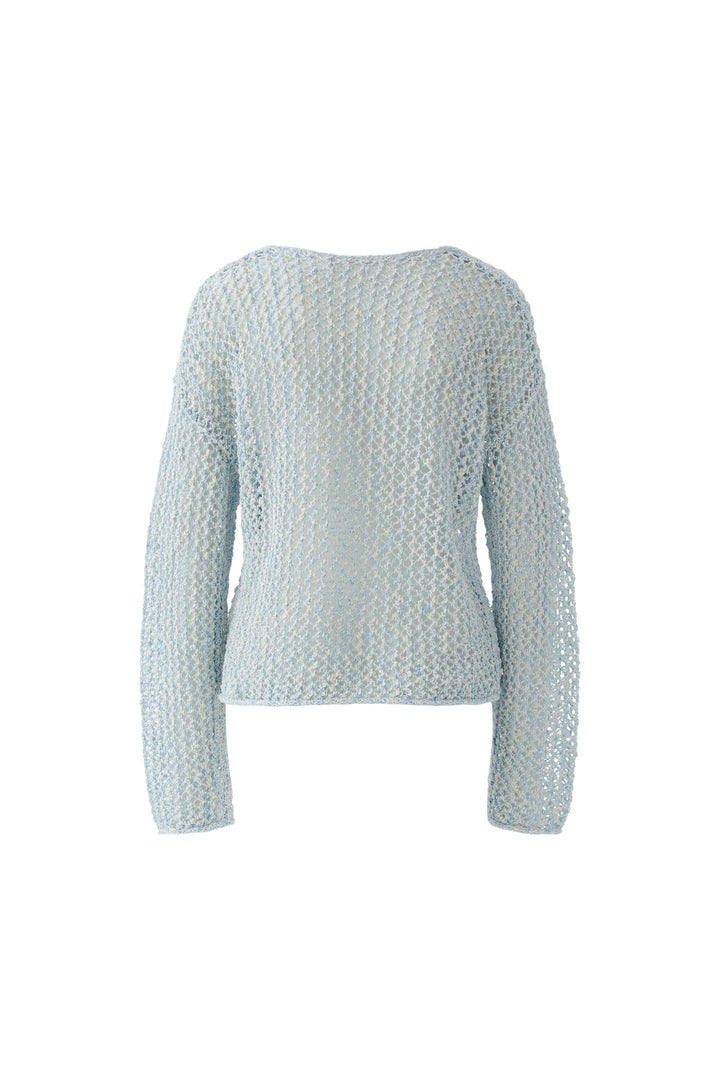 Chandail en maille ajourée à col en V léger et moderne, idéal pour superposition, encolure V, manches longues, texture ouverte.