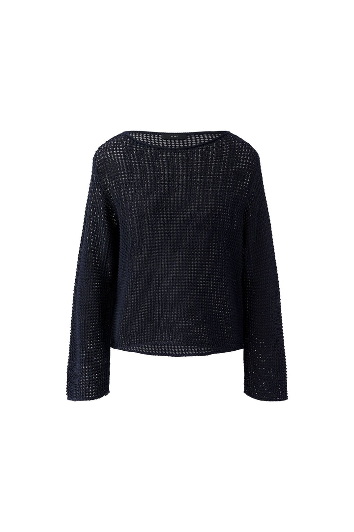 Chandail en maille ajourée à manches longues de style moderne avec encolure ronde et coupe droite élégante.