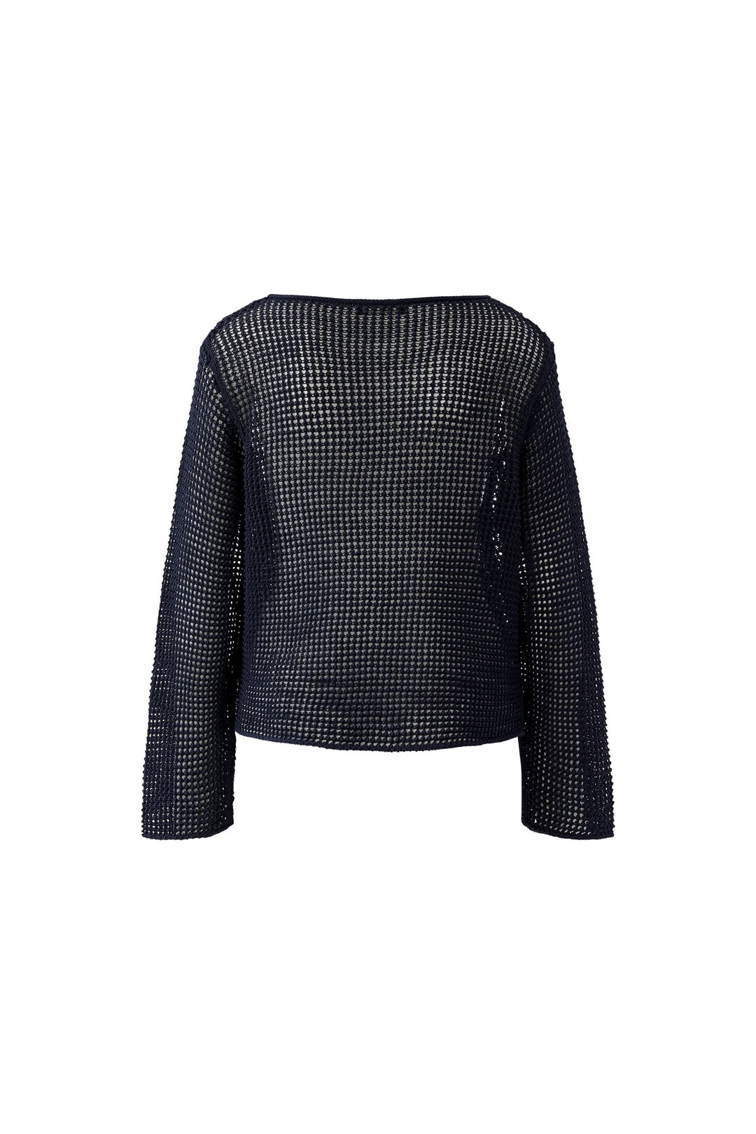 Chandail en maille ajourée à manches longues, texture filet transparente, coupe droite, idéal avec denim, moderne et audacieux.