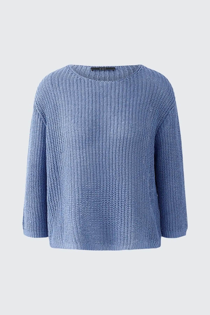 Chandail en maille côtelée bleu, coupe décontractée, encolure ronde, manches 7/8, parfait pour un look lumineux.