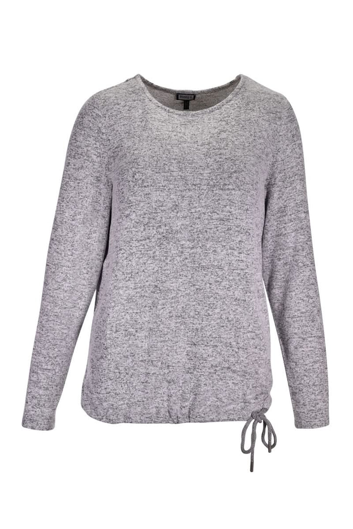 Chandail en maille douce avec cordon ajustable à l'ourlet, manches longues et texture chinée pour un style moderne et confortable.