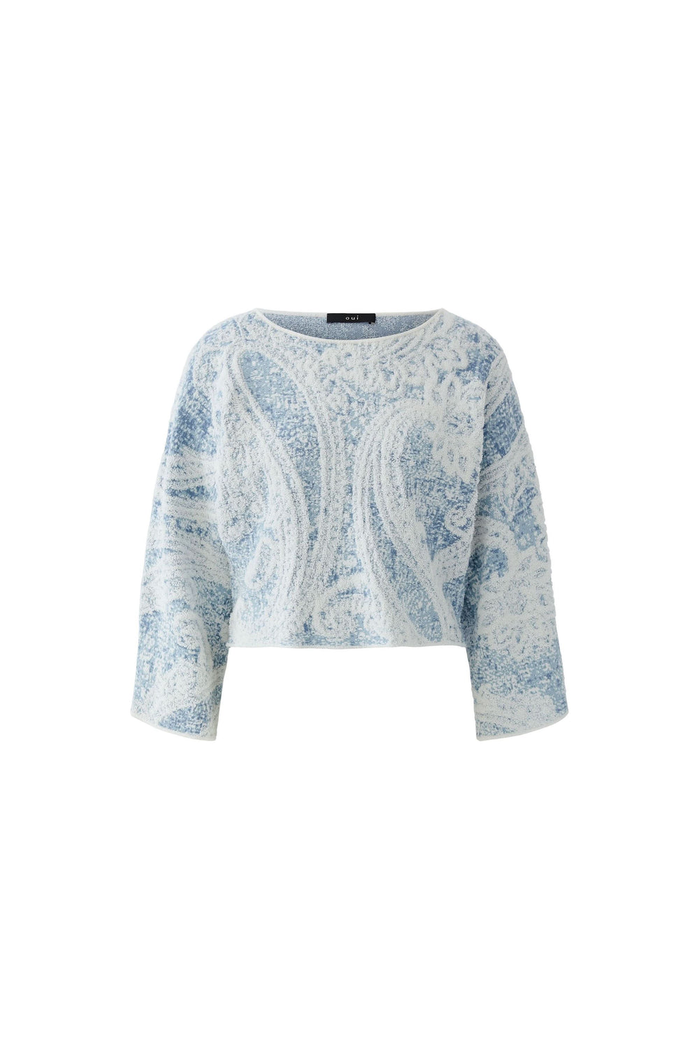 Chandail en maille imprimée à manches larges avec motif cachemire, manches trois-quarts, couleur douce, coupe moderne et féminine.