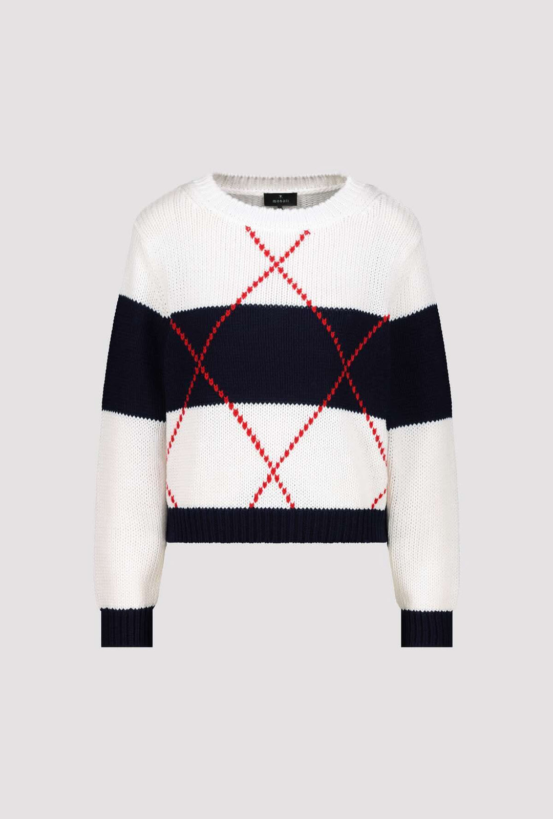 Chandail en maille à motif géométrique blanc et bleu marine avec bandes et motif graphique en rouge, coupe droite et encolure arrondie.