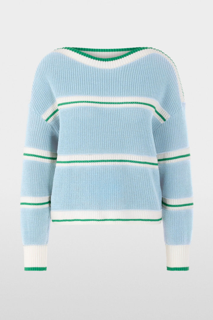 Chandail en maille rayée bleu avec encolure ronde et manches longues, motif graphique moderne, coupe décontractée pour confort optimal.