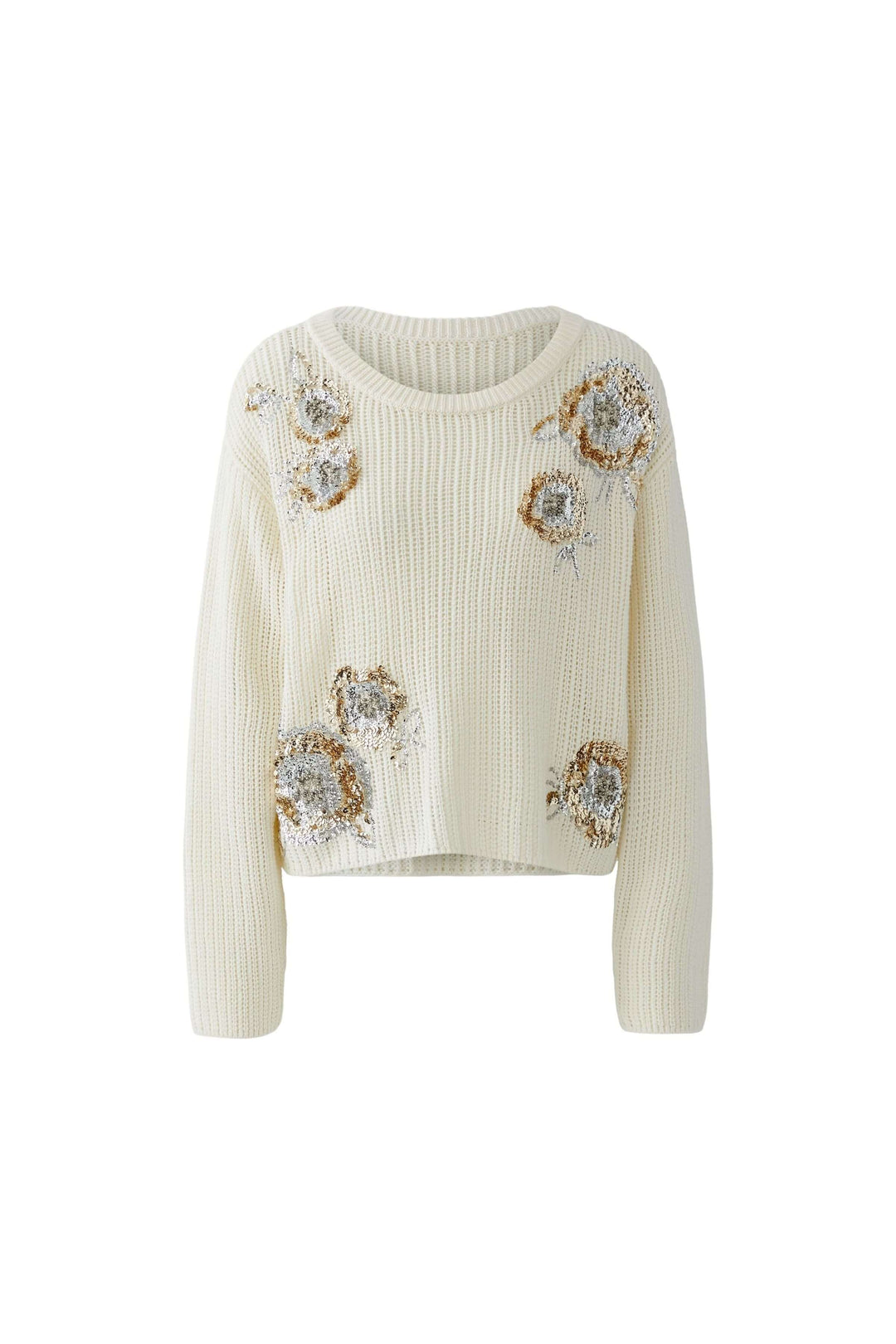 Chandail en maille texturée avec appliqués brodés, coupe moderne, encolure arrondie, rehausse une tenue simple, confort et élégance.