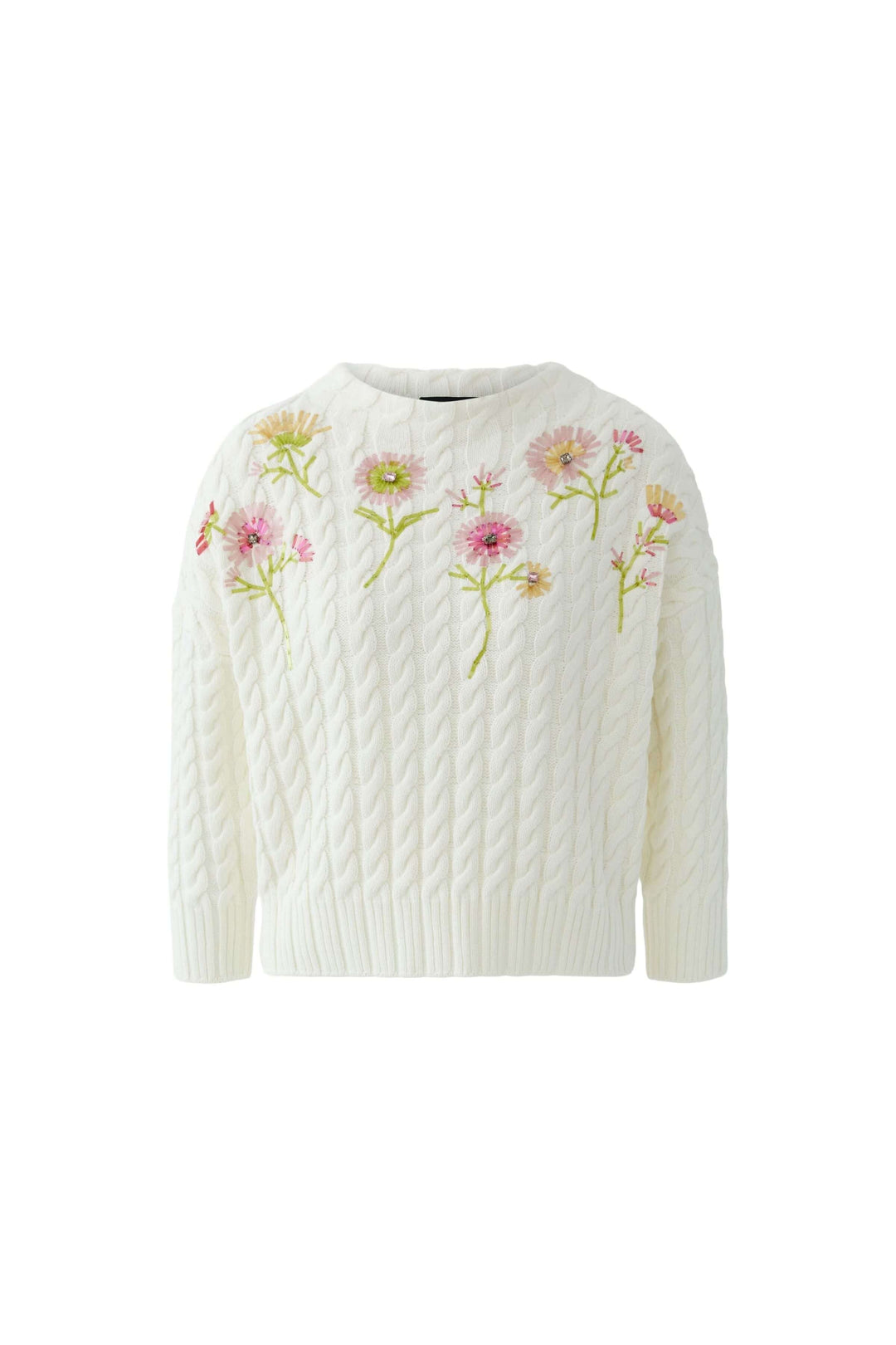 Chandail en maille torsadée avec broderies florales délicates, coupe droite, encolure ronde. Élégant et féminine pour rehausser votre tenue.