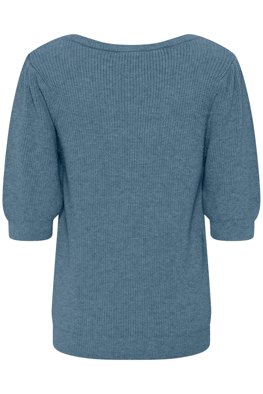 Chandail en tricot Dela bleu, dos avec manches trois-quarts bouffantes et texture ajourée.