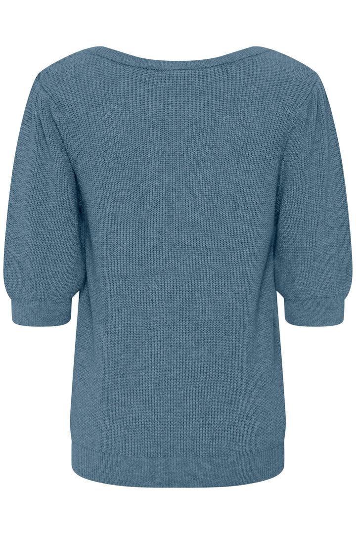 Chandail en tricot Dela bleu, dos avec manches trois-quarts bouffantes et texture ajourée.