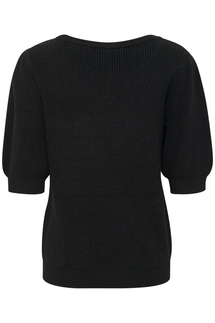 Vue arrière d'un chandail en tricot noir à manches trois-quarts légèrement bouffantes et encolure arrondie.