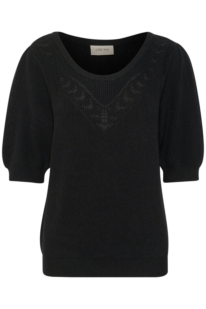 Chandail en tricot noir avec motif ajouré et manches trois-quarts bouffantes, coupe décontractée et élégante.
