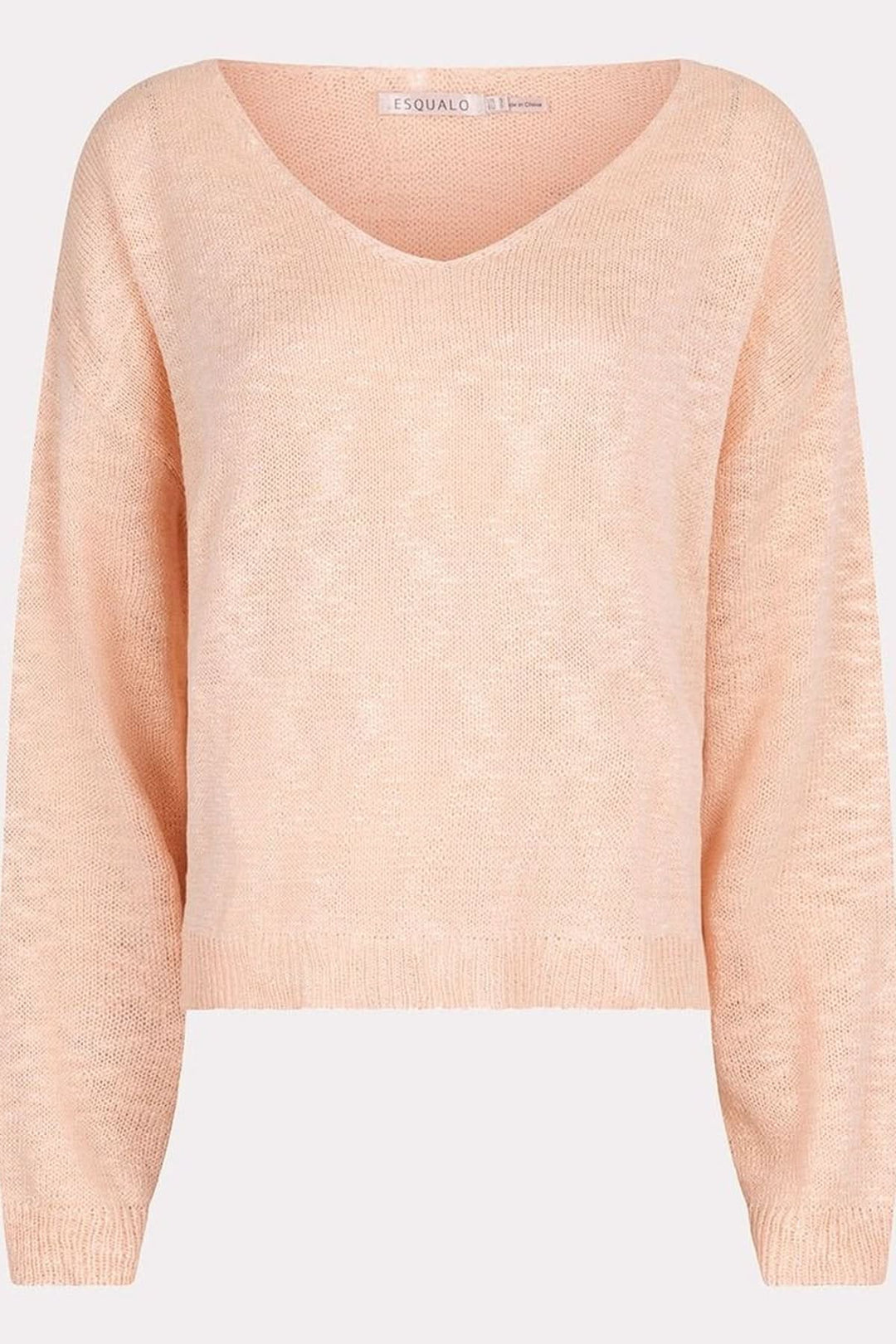Chandail en tricot ajouré rose pâle avec col en V et manches longues, idéal pour un look décontracté.