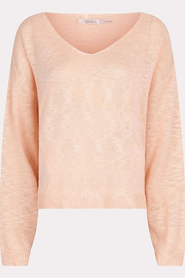 Chandail en tricot ajouré rose pâle avec col en V et manches longues, idéal pour un look décontracté.