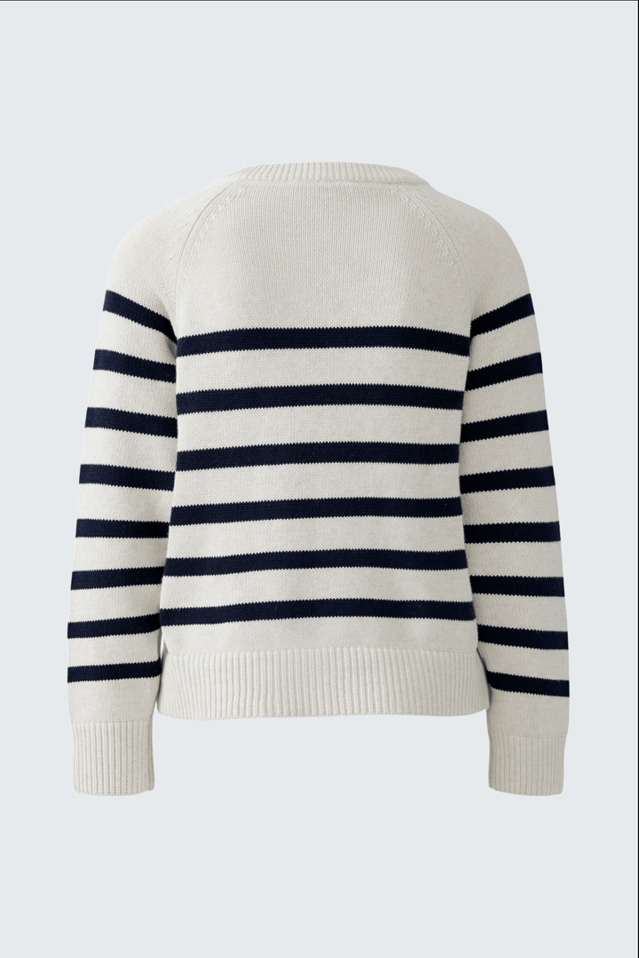 Chandail rayé beige et marine avec fermeture éclair, vue arrière, en coton confortable et moderne.