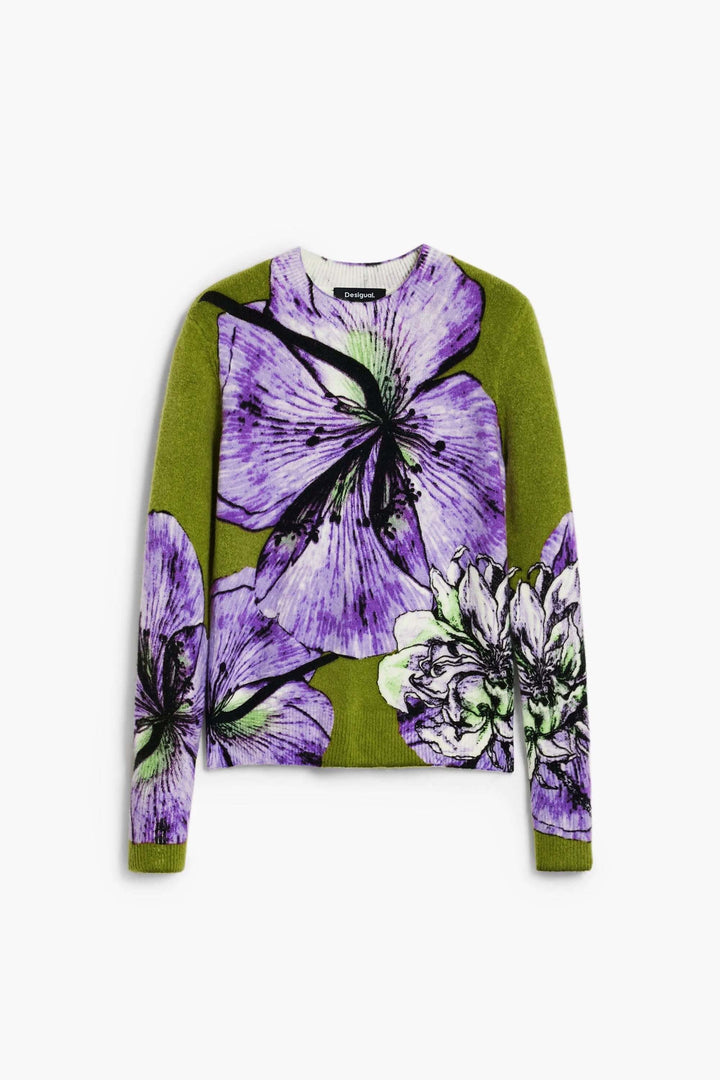 Chandail floral à imprimé oversize avec fleurs violettes et fond texturé, col rond classique pour un style artistique et sophistiqué.