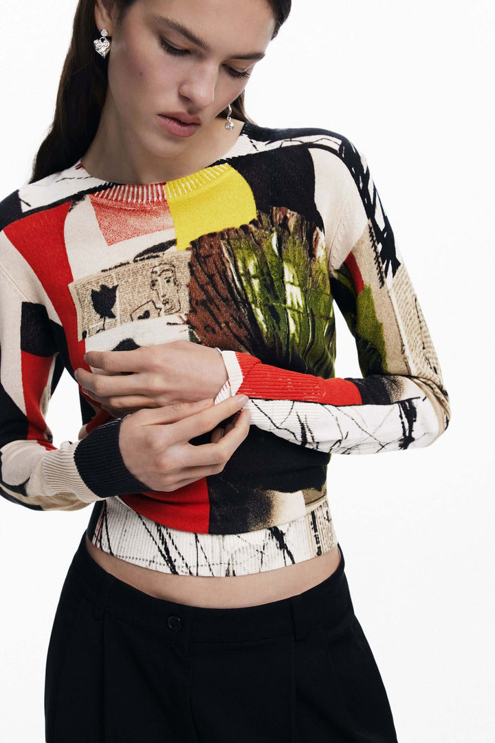 Pull à imprimé artistique avec motifs colorés, col rond et manches longues, parfait pour un style décontracté.