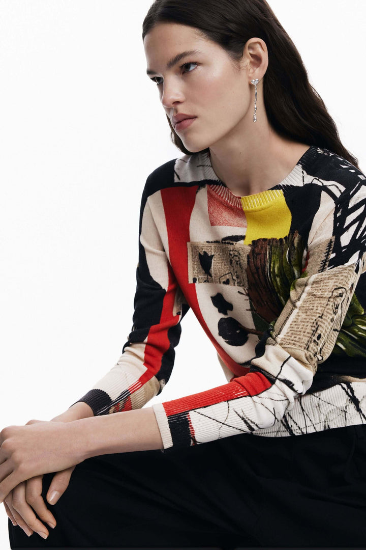 Chandail imprimé artistique à manches longues, col rond, avec motifs colorés, parfait pour une tenue décontractée.