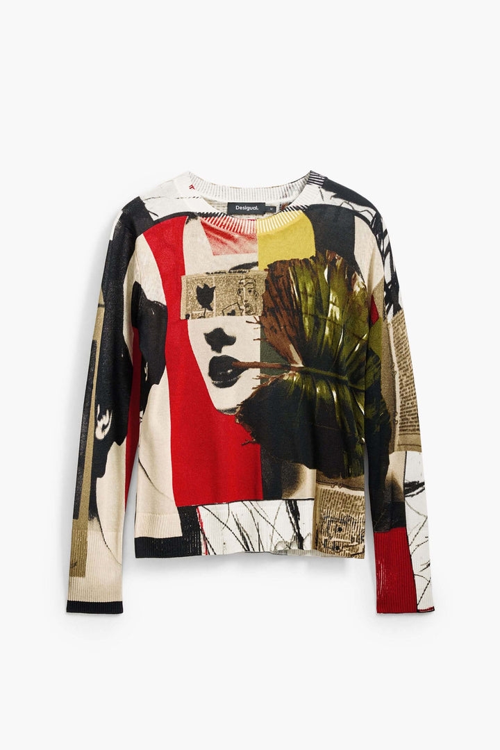 Pull artistique avec imprimé créatif, manches longues et col rond, idéal pour un look décontracté.