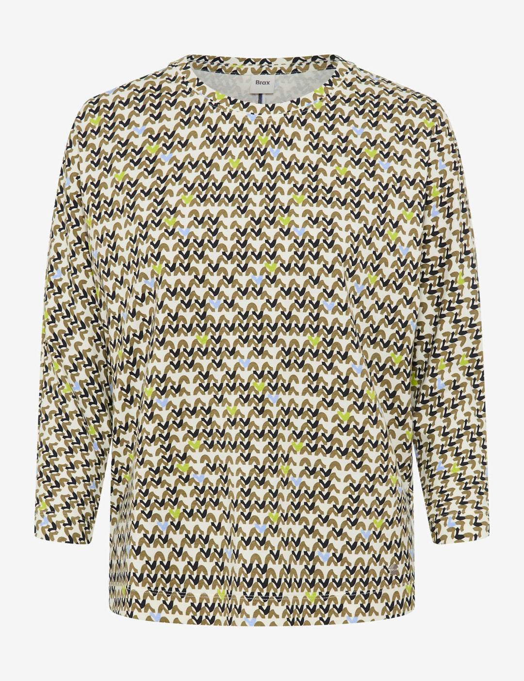 Chandail imprimé graphique CHARLENE à manches trois-quarts, coupe droite, encolure ronde, motif graphique dynamique et moderne.