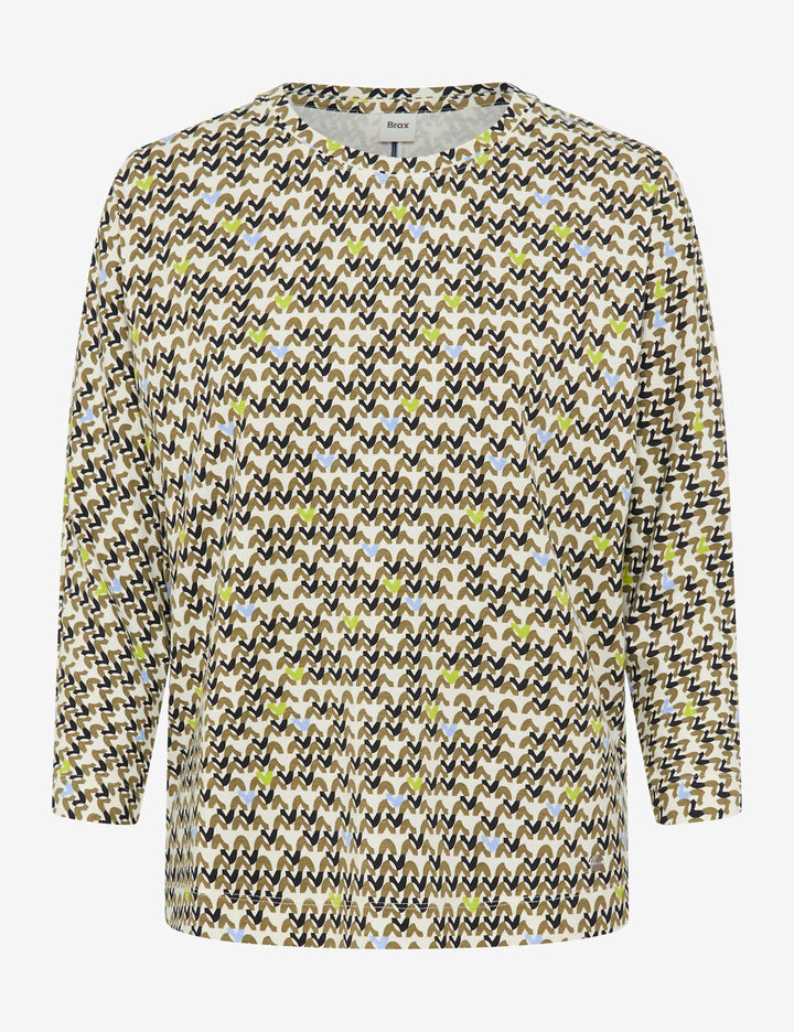 Chandail imprimé graphique CHARLENE à manches trois-quarts, coupe droite, encolure ronde, motif graphique dynamique et moderne.