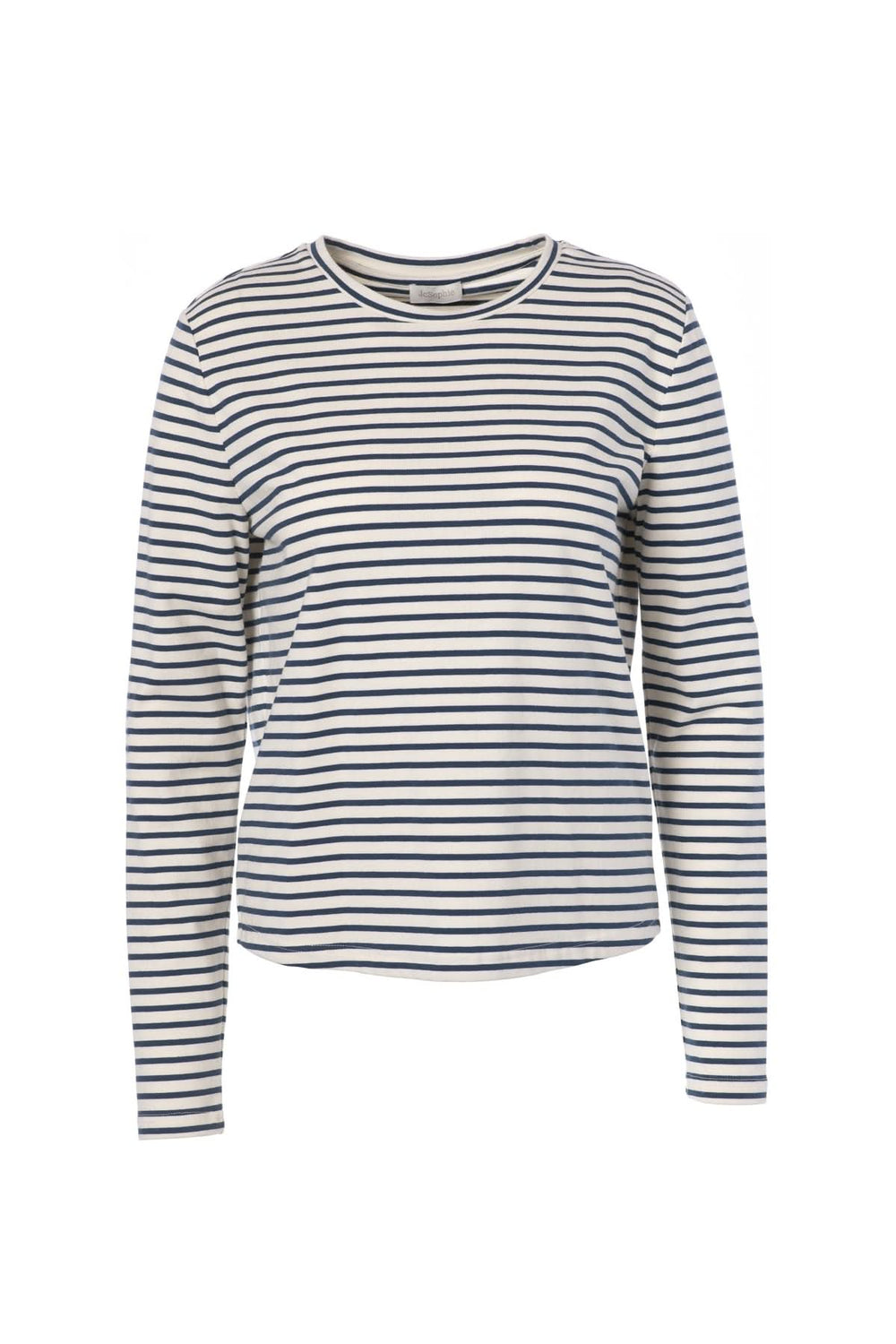 Chandail ligné à manches longues, tissu doux et extensible, style marin intemporel, coupe ajustée, encolure ronde classique.