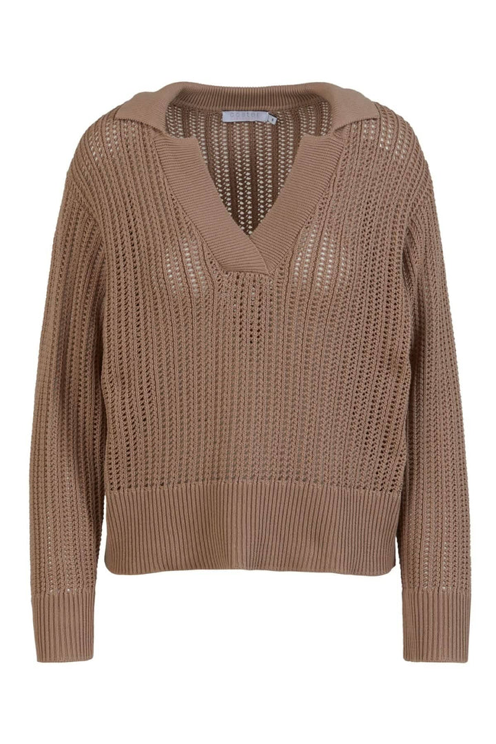 Chandail maille ouverte beige avec encolure en V et manches longues, longueur jusqu&