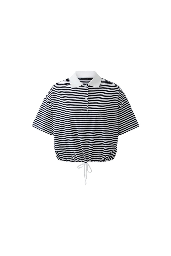 Chandail polo à rayures avec cordon, coupe fluide, col polo, manches courtes, motif rayé, idéal pour un look décontracté et chic.