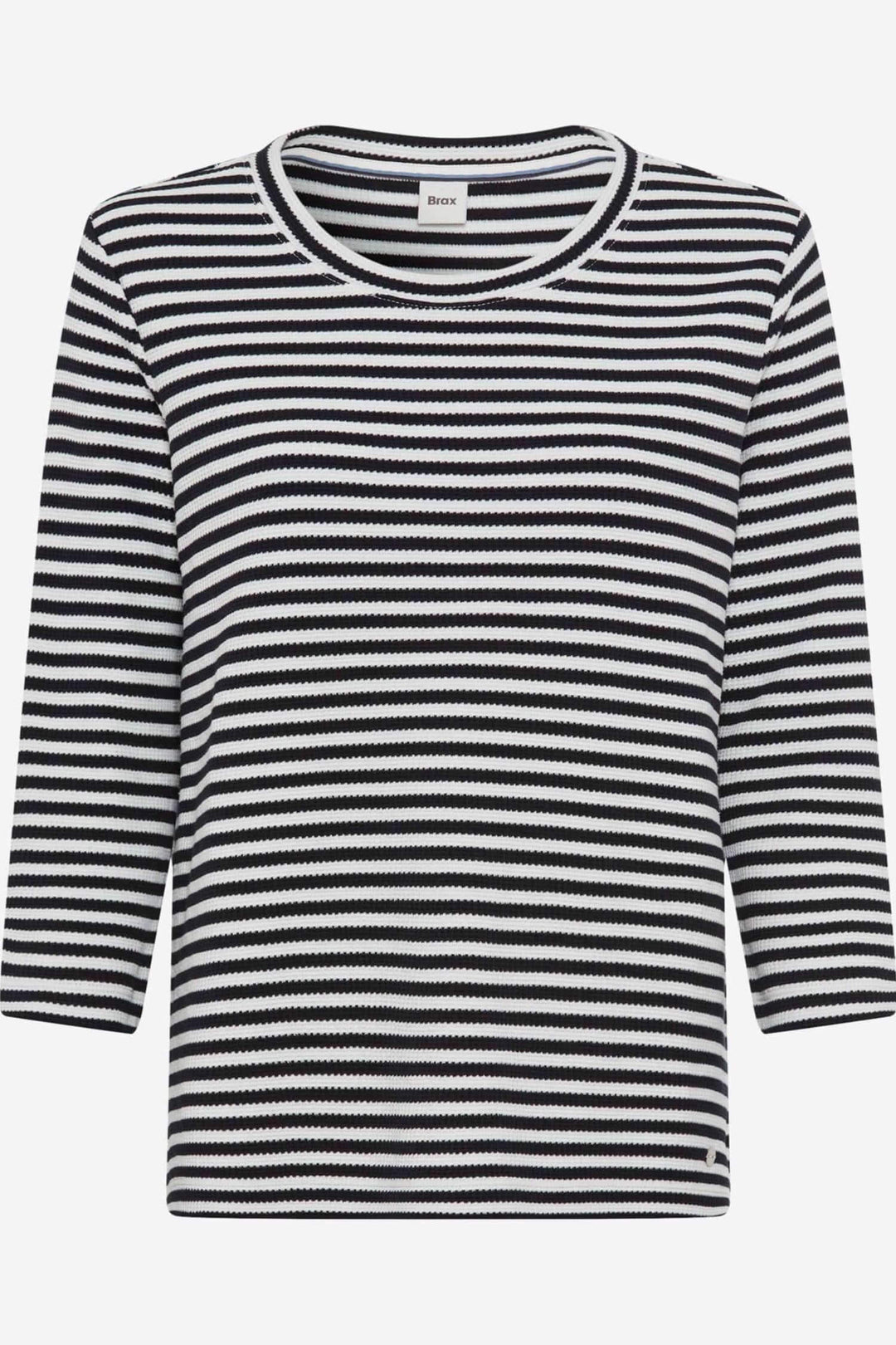Chandail rayé Bonnie en pur coton noir et blanc, coupe droite et manches trois quarts, style décontracté et élégant.