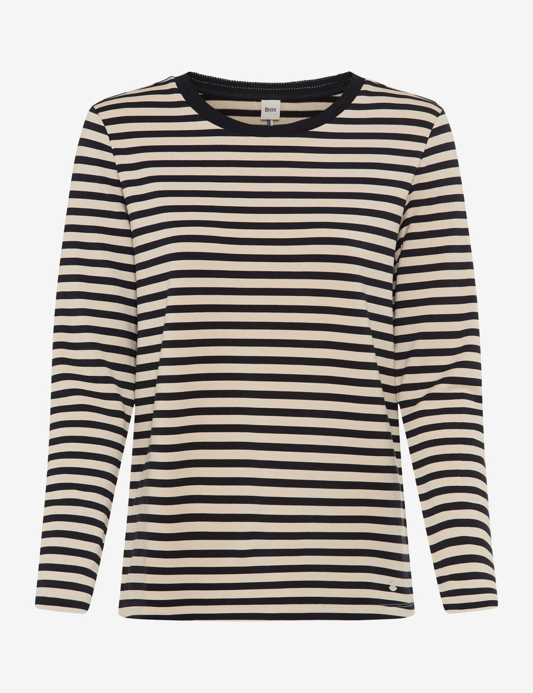 Chandail rayé CARINA L. à manches longues, rayures noires et beige, encolure ronde, coupe droite, matière douce et extensible