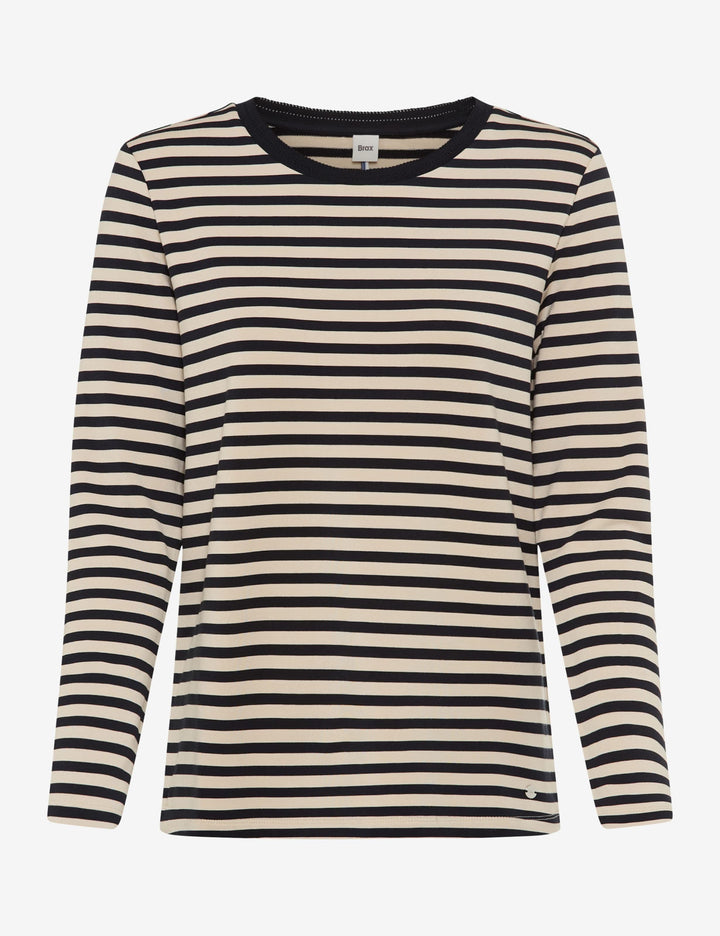 Chandail rayé CARINA L. à manches longues, rayures noires et beige, encolure ronde, coupe droite, matière douce et extensible
