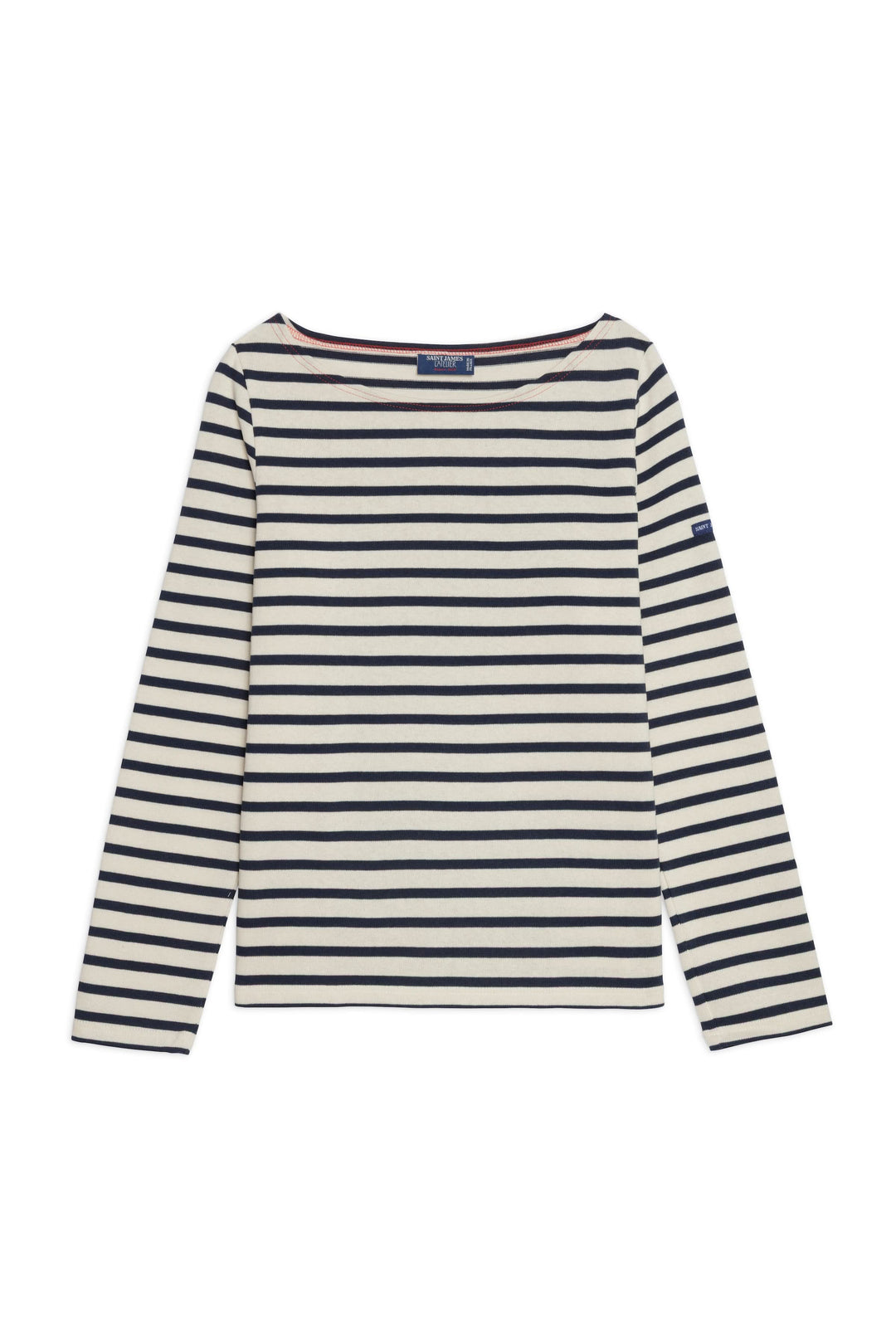 Chandail rayé Saline manches longues avec coupe droite et détails en forme de cœur sur les coudes, motif classique revisité.