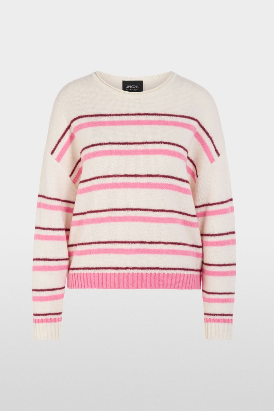 Chandail rayé en maille douce à rayures roses avec encolure ronde et épaules tombantes, mélange alpaga et cachemire.
