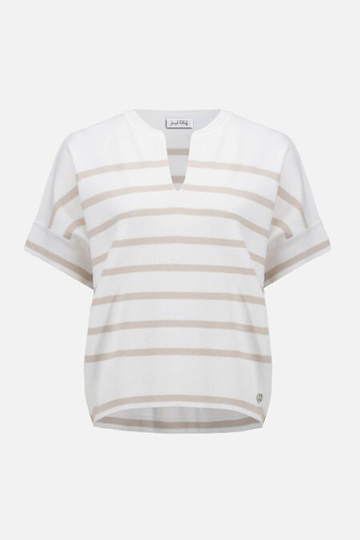 Chandail rayé encolure fendue avec manches courtes et motif à rayures horizontales, parfait pour un look chic-décontracté.