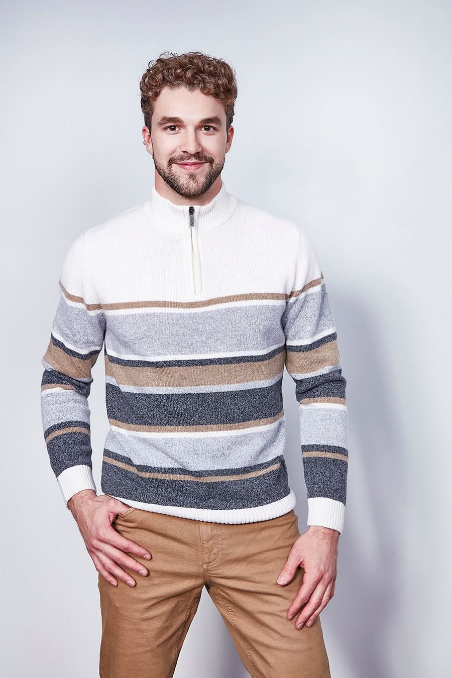 Striped sweater with half-zip