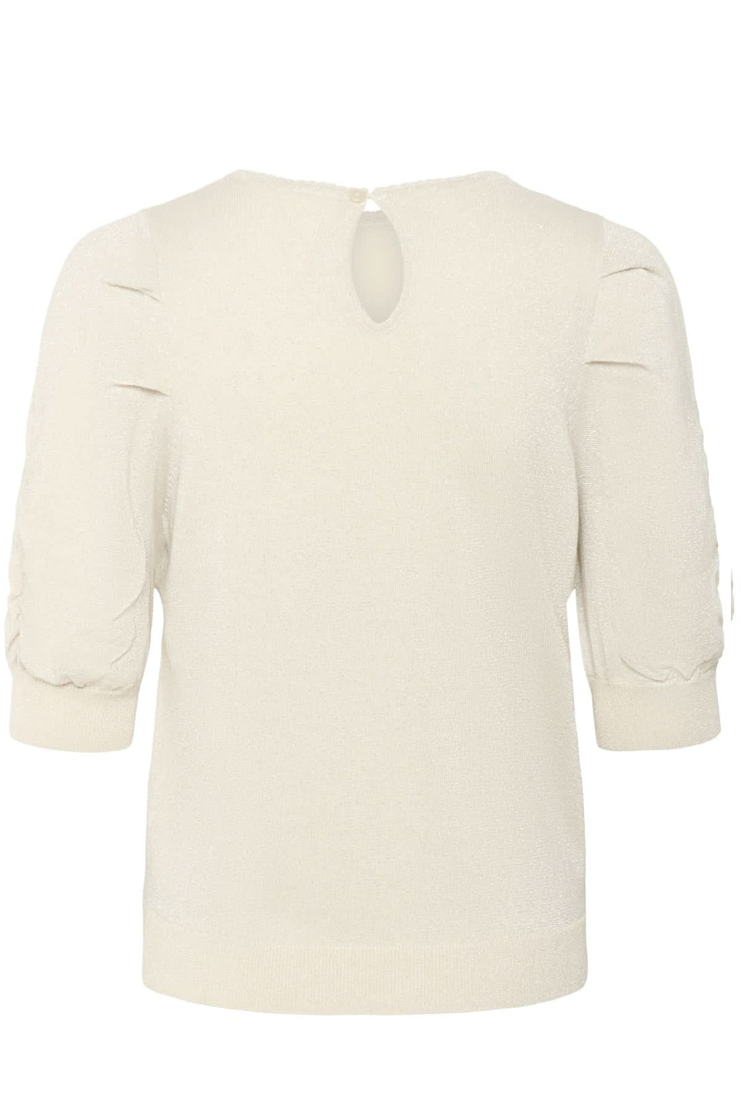 Chandail scintillant Varaia en blanc avec manches courtes bouffantes et encolure ronde, idéal pour un style élégant et confortable.