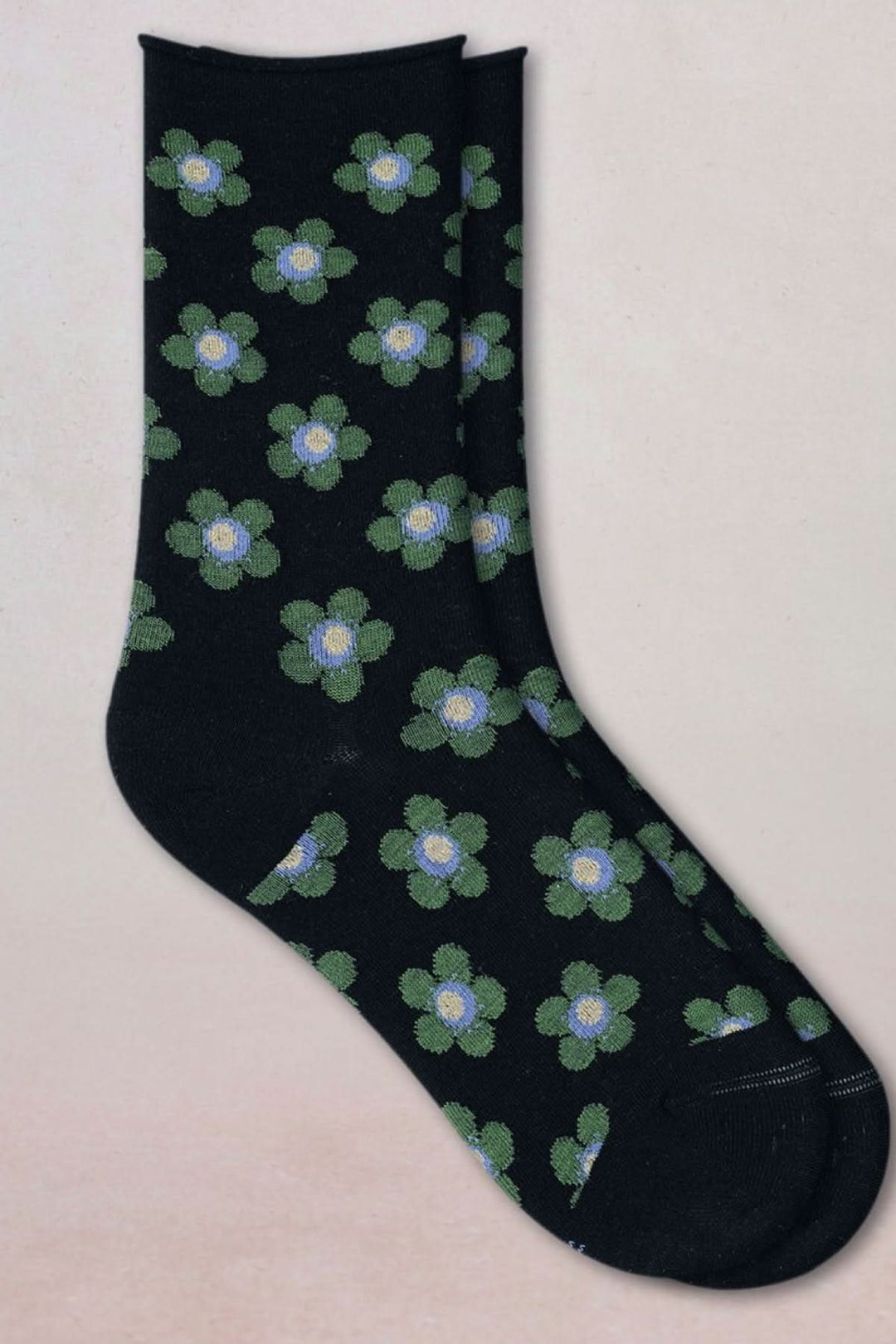 Chaussettes en maille à petit motif floral sur fond noir, mi-mollet, mélange laine et coton pour confort et chaleur