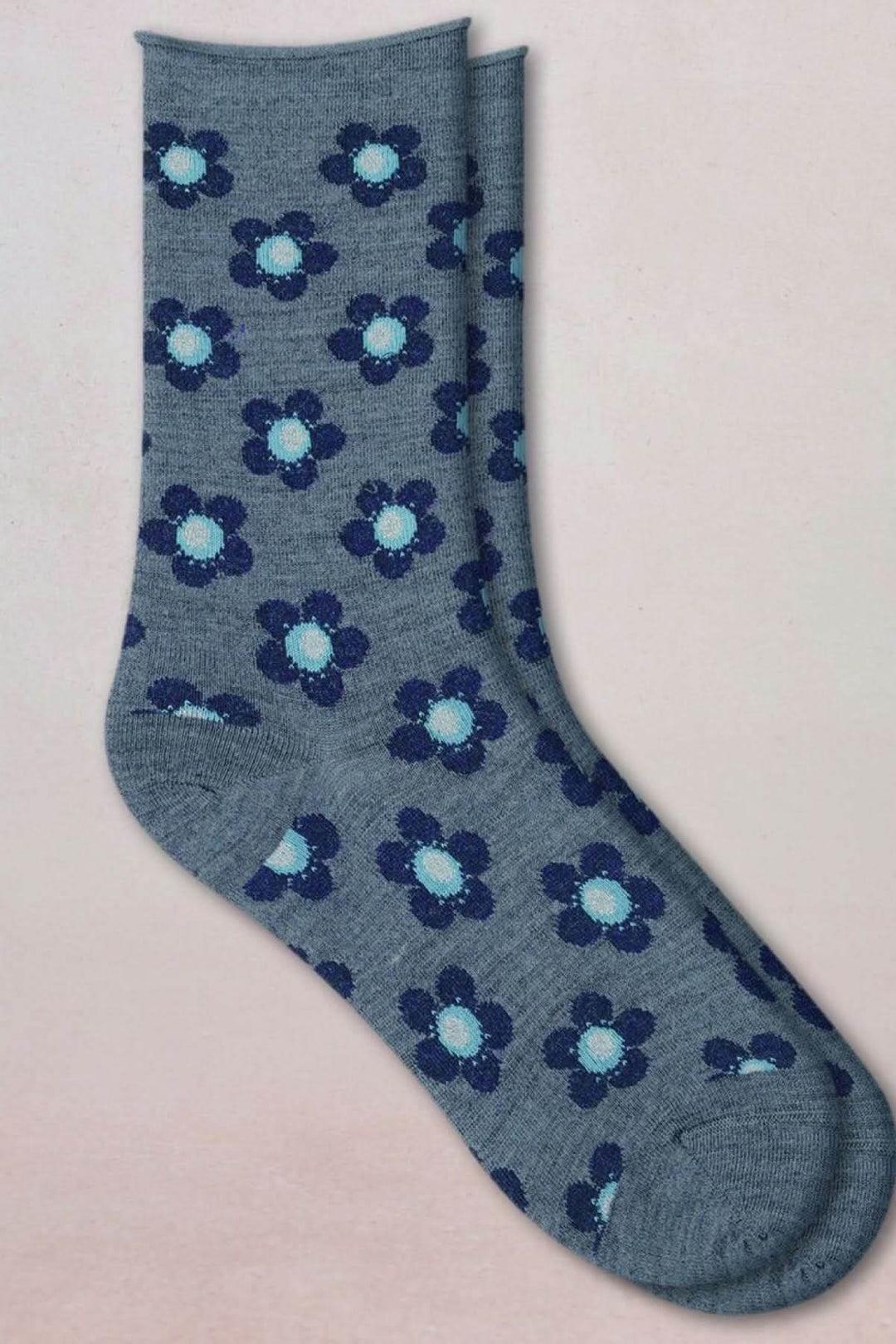 Chaussettes en maille à petit motif floral, mi-mollet, bleu, motif fantaisie, laine et coton, style chic et respirant.