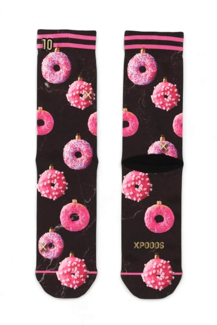 Chaussettes à motif beignet colorées avec imprimé de beignets roses, confortables et extensibles, pour un style original et amusant.