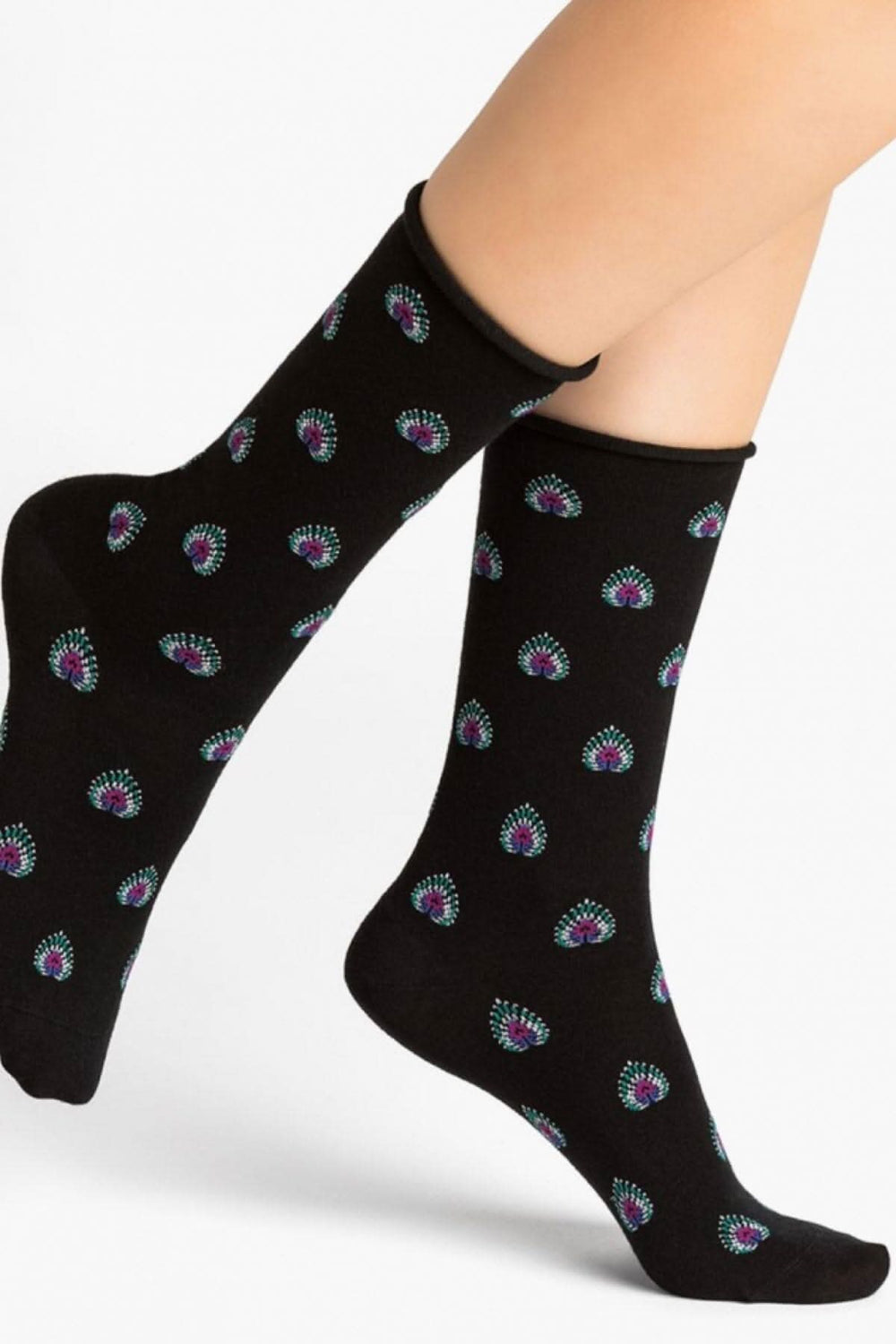 Chaussettes paon élégantes, tricotées en laine Mérinos avec motif délicat, parfaites pour l'hiver.