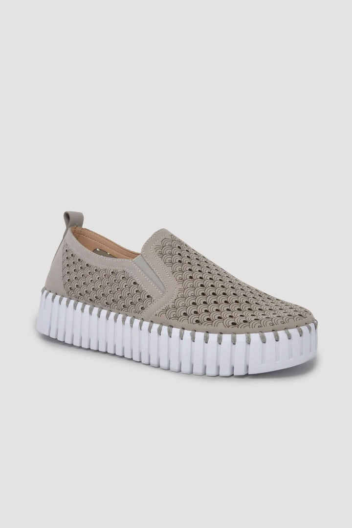 Chaussure Tulip en microfibre grise avec semelle plateforme blanche, légère et respirante.