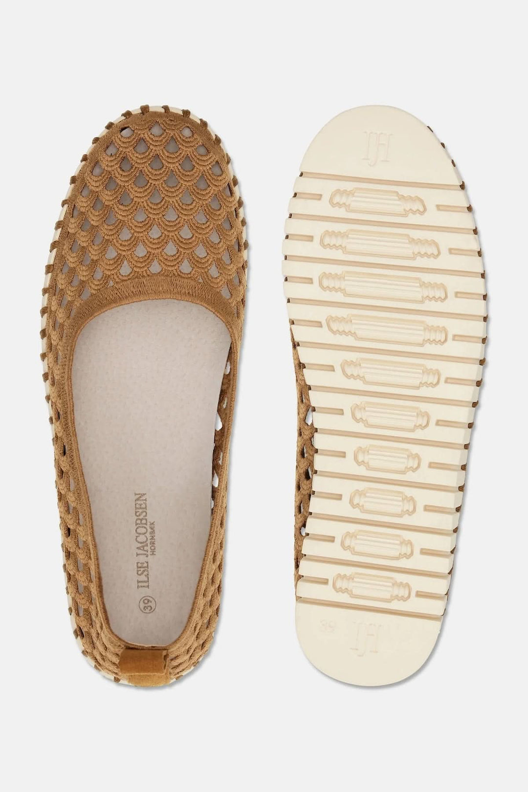 Chaussure ajourée style TULIP en cuir marron avec semelle crantée vue de dessus et dessous, moderne et confortable pour l'été.